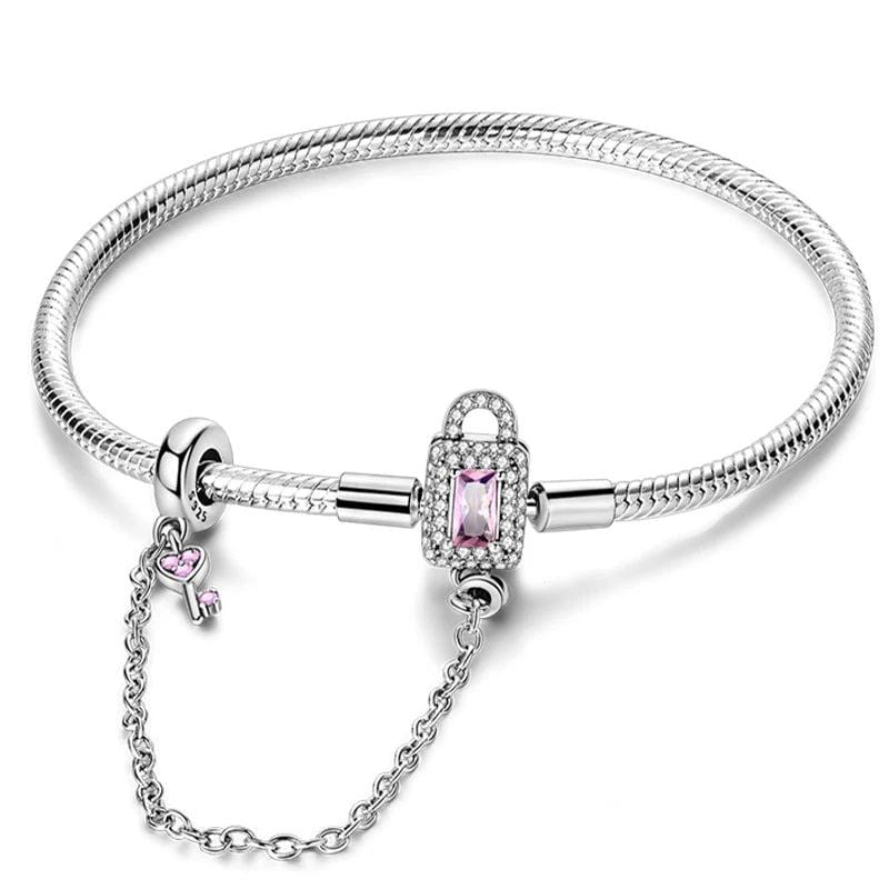 Amarante Jewelry Lock and Key Bracelet with Pink Crystal and Safety Chain