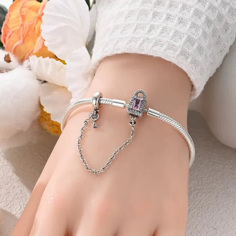 Amarante Jewelry Lock and Key Bracelet with Pink Crystal and Safety Chain