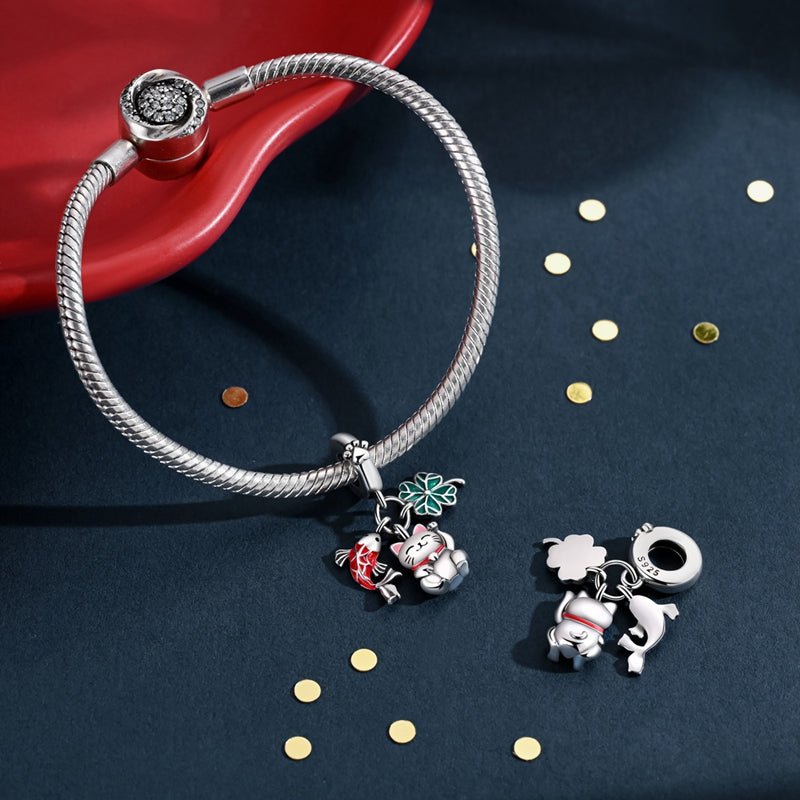 Amarante Jewelry Lucky Cat, Koi Fish, & Four - Leaf Clover Dangle Charm