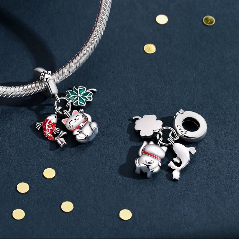 Amarante Jewelry Lucky Cat, Koi Fish, & Four - Leaf Clover Dangle Charm