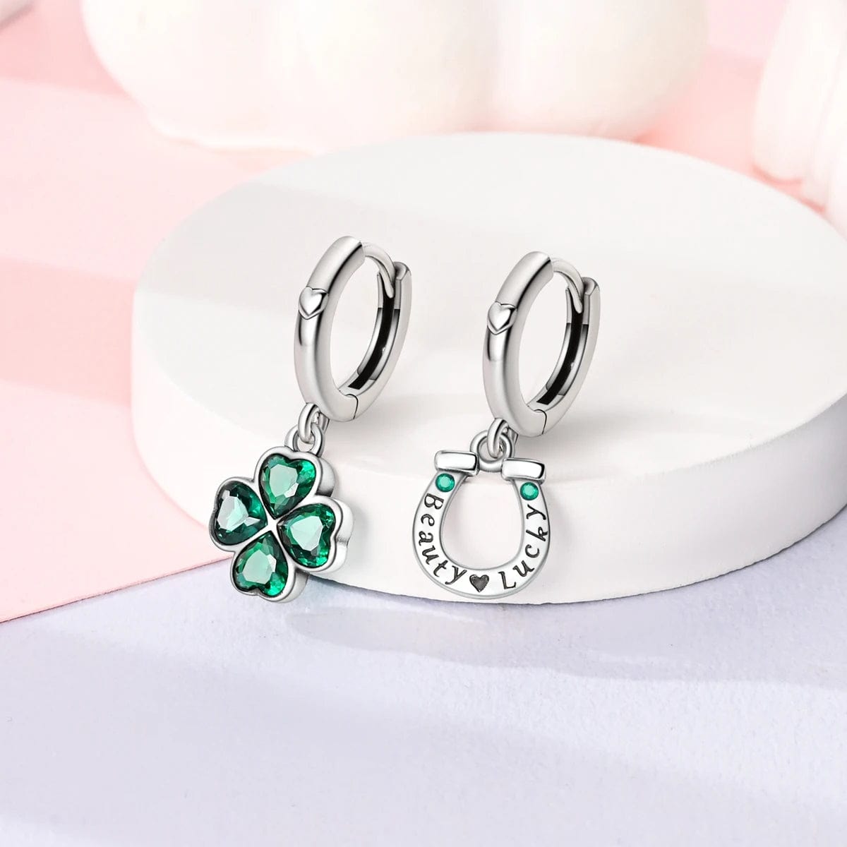 Amarante Jewelry Lucky Clover & Horseshoe Hoop Earrings with Green Crystals