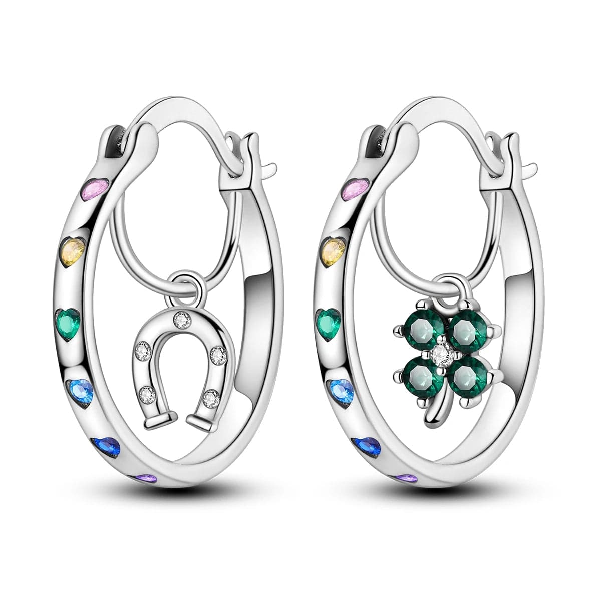 Amarante Jewelry Lucky Horseshoe & Clover Hoop Earrings with Multicolored Heart Accents