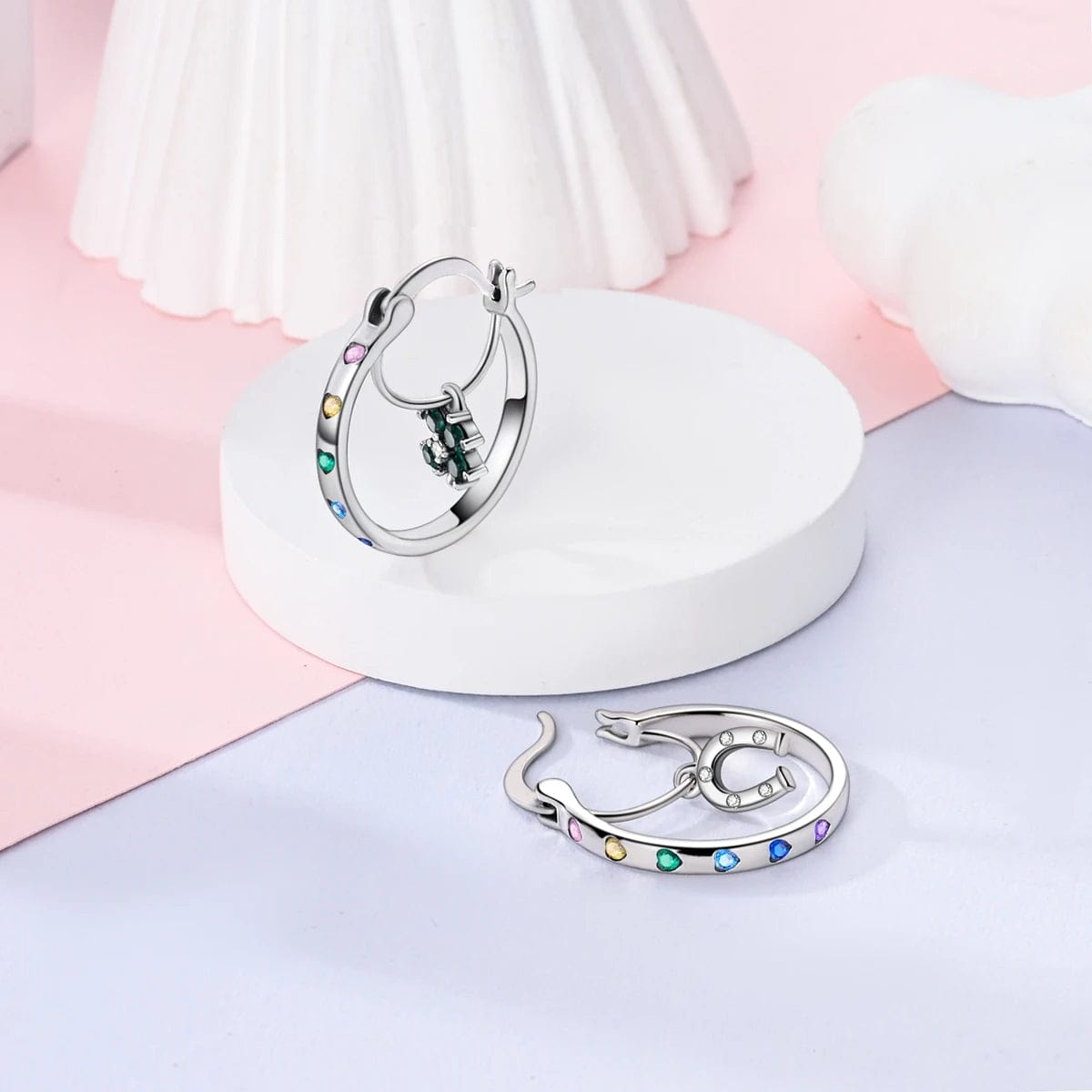 Amarante Jewelry Lucky Horseshoe & Clover Hoop Earrings with Multicolored Heart Accents