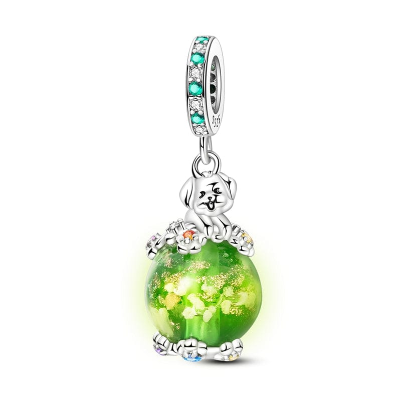 Amarante Jewelry Luminous Dog with Green Crystal Globe Dangle Charm