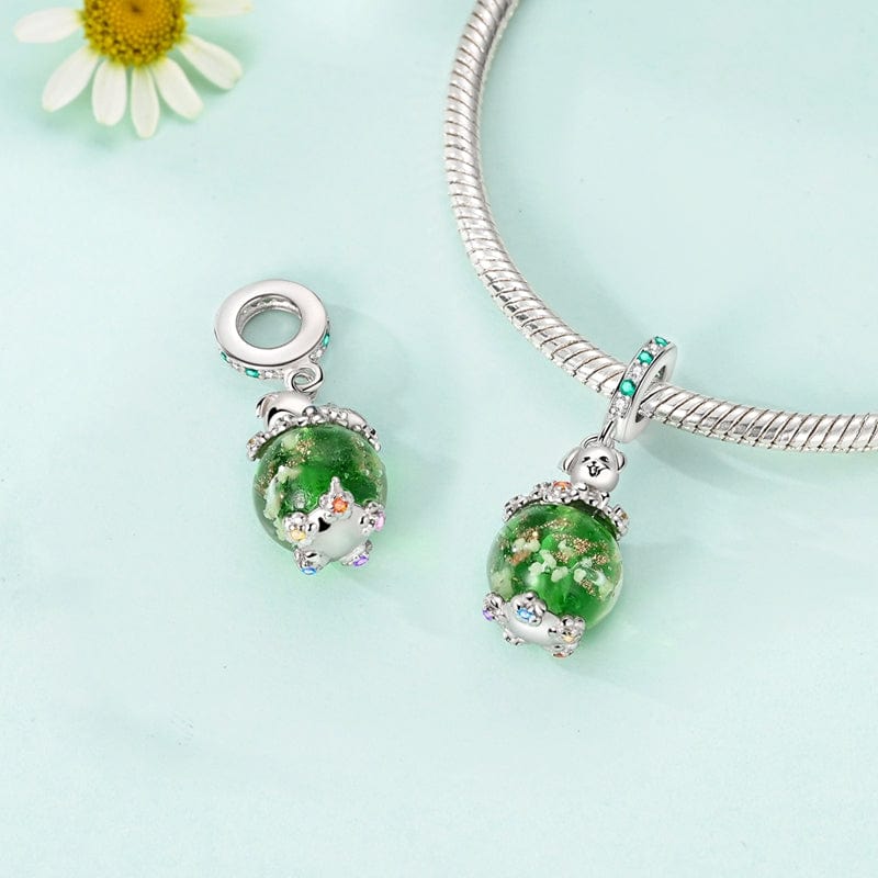 Amarante Jewelry Luminous Dog with Green Crystal Globe Dangle Charm