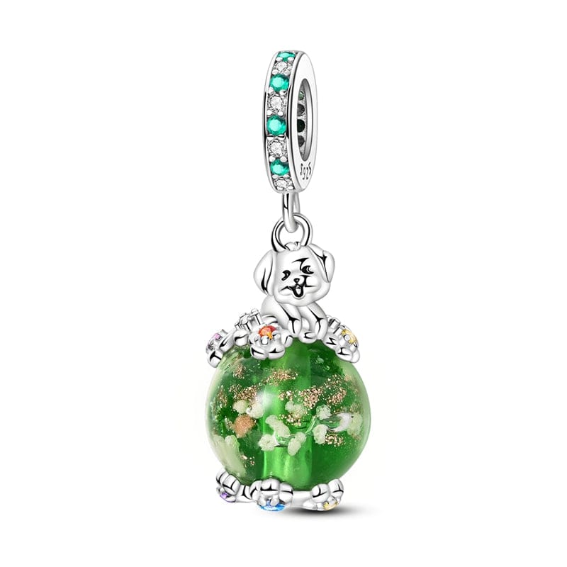 Amarante Jewelry Luminous Dog with Green Crystal Globe Dangle Charm