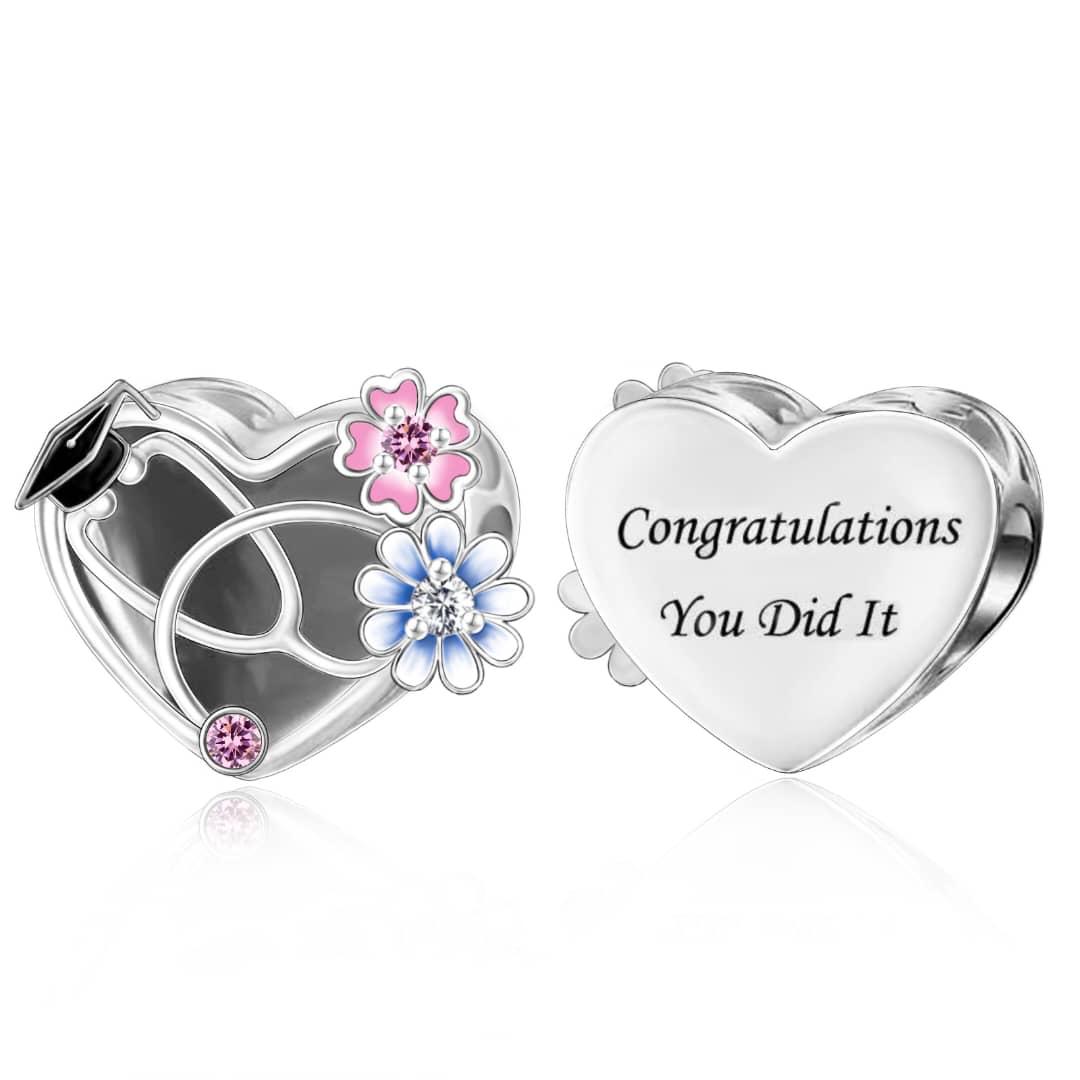 Amarante Jewelry Medical Graduation Stethoscope & Flowers "Congratulations You Did It" Heart Charm