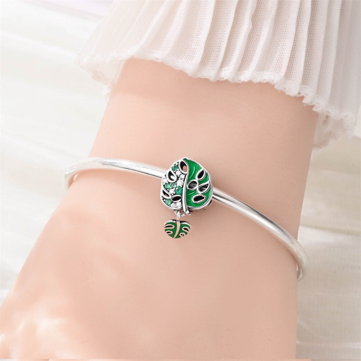 Amarante Jewelry Monstera Leaf & Green Crystal Dangle Charm