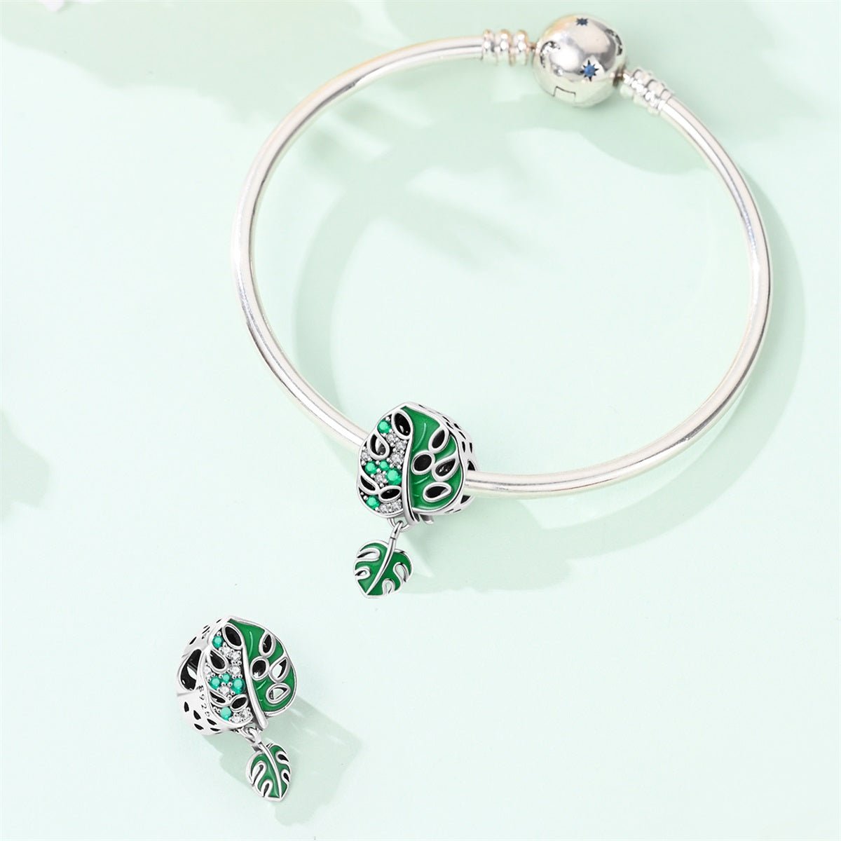 Amarante Jewelry Monstera Leaf & Green Crystal Dangle Charm
