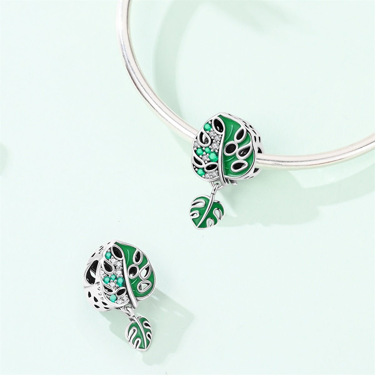 Amarante Jewelry Monstera Leaf & Green Crystal Dangle Charm