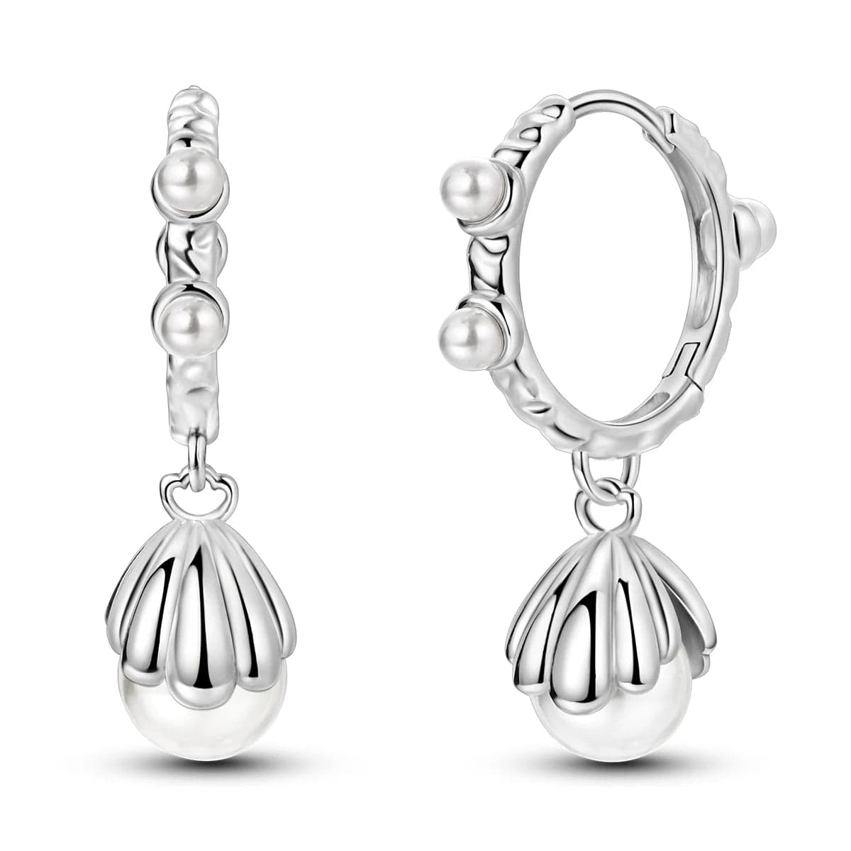 Amarante Jewelry Pearl Drop Hoop Earrings with Floral Shell Design