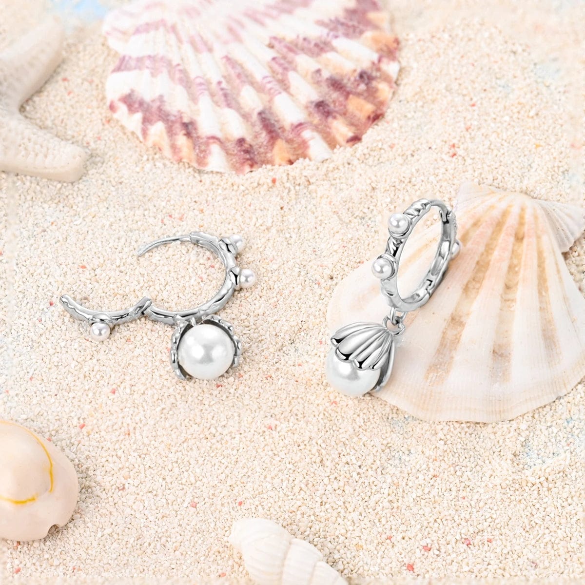 Amarante Jewelry Pearl Drop Hoop Earrings with Floral Shell Design