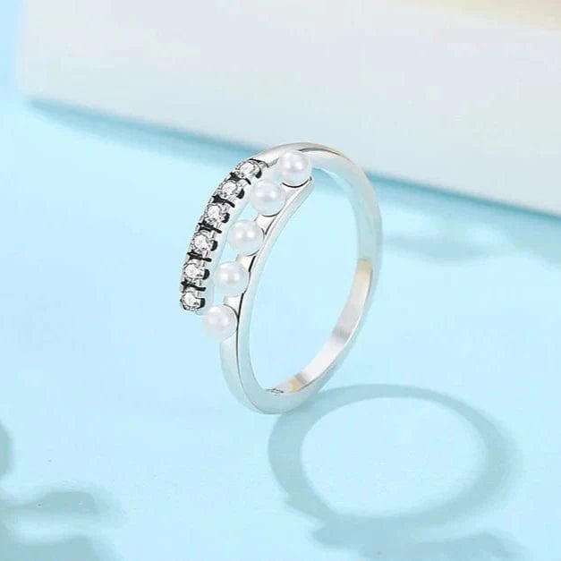 Amarante Jewelry Pearl & Zircon Stone Adjustable Ring – Dual Row Design