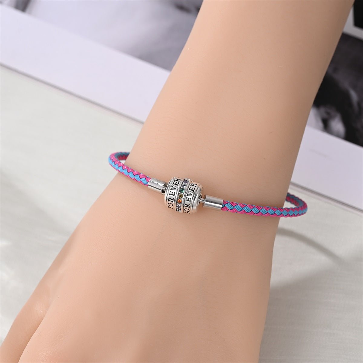 Amarante Jewelry Pink & Blue Braided Leather Bracelet with Forever Clasp