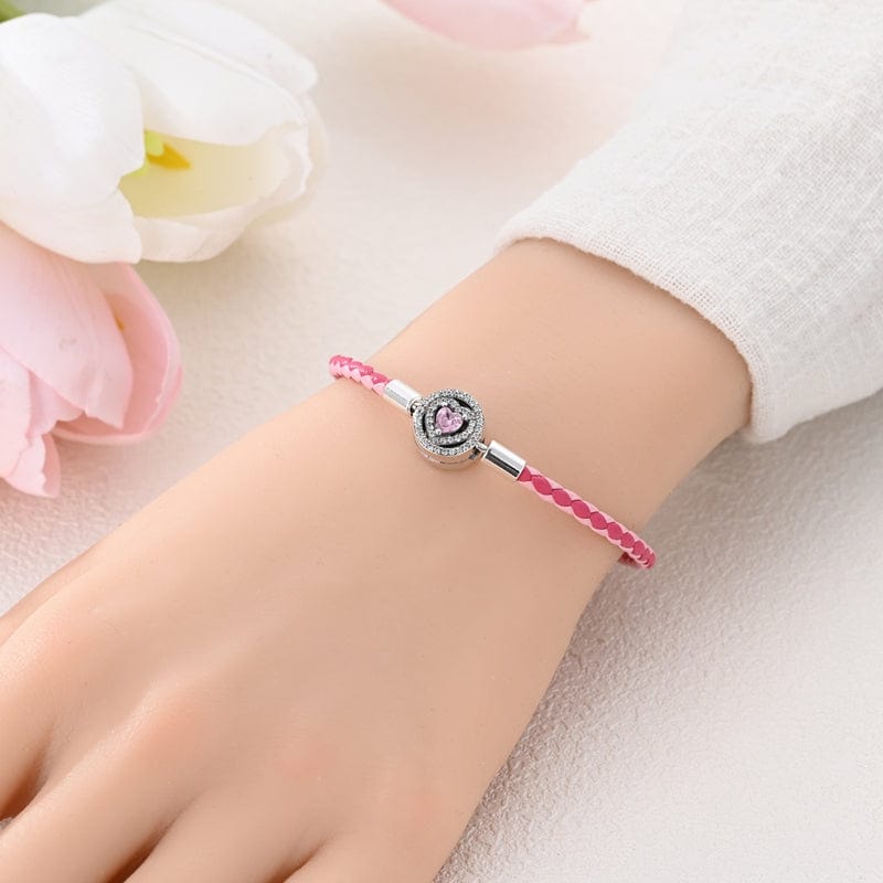 Amarante Jewelry Pink Braided Leather Bracelet with Heart Clasp