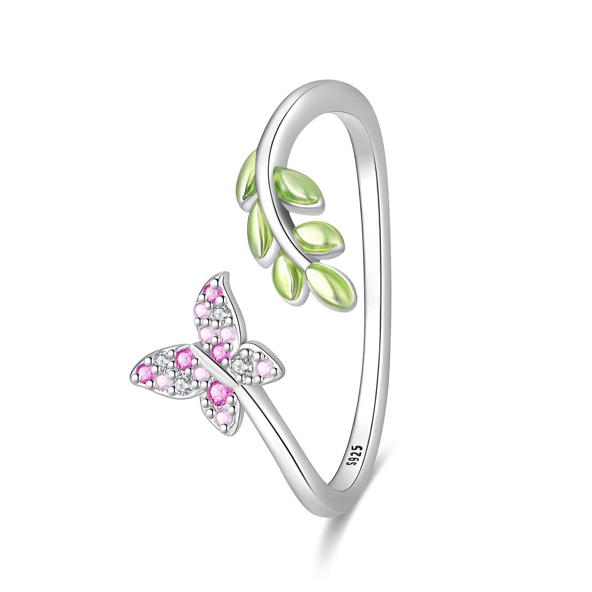 Amarante Jewelry Pink Butterfly & Green Leaf Adjustable Ring