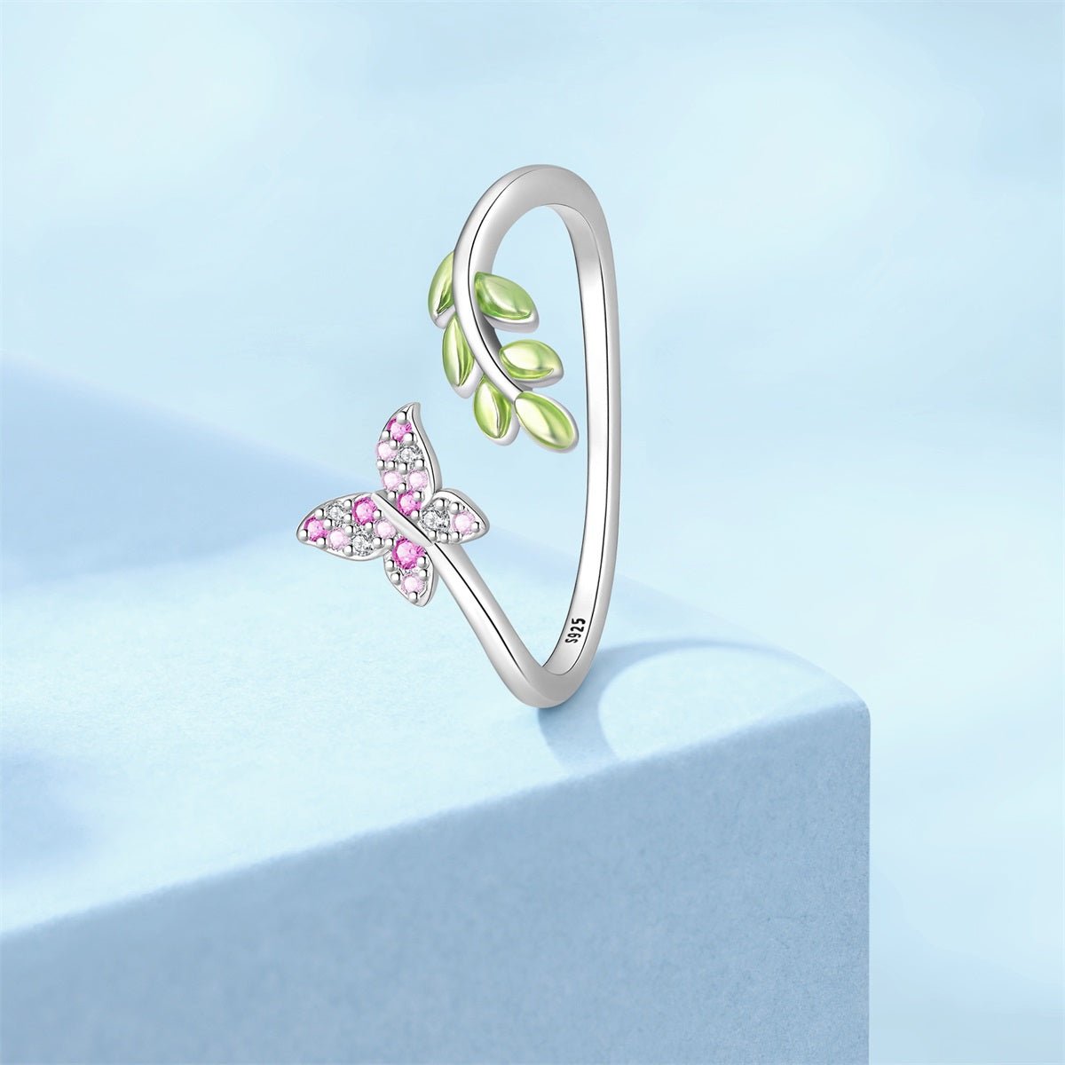 Amarante Jewelry Pink Butterfly & Green Leaf Adjustable Ring