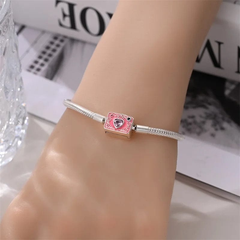 Amarante Jewelry Pink Camera Crystal Heart Snake Chain Bracelet