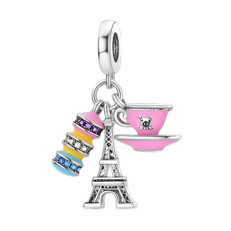 Amarante Jewelry Pink Coffee Macaron Paris Eiffel Tower Triple Dangle Charm