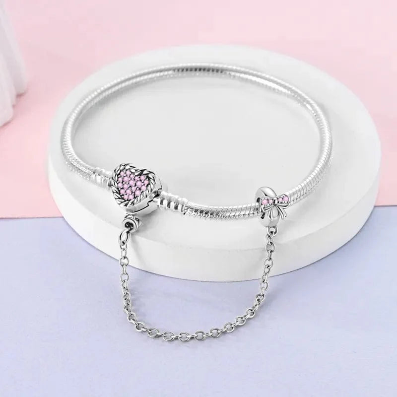 Amarante Jewelry Pink Crystal Heart Charm Bracelet with Bow and Safety Chain