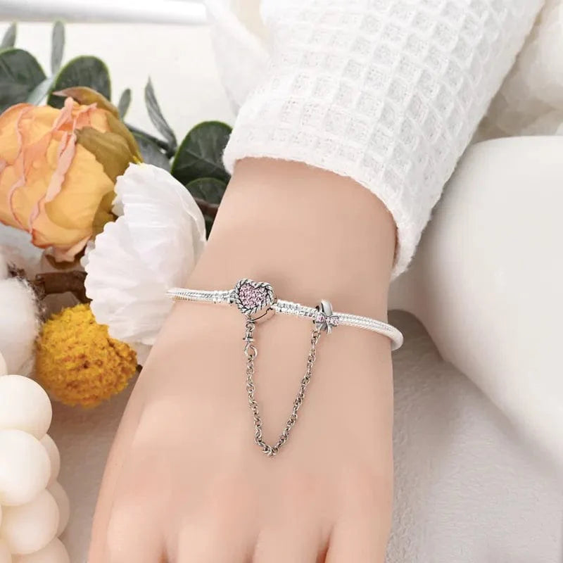 Amarante Jewelry Pink Crystal Heart Charm Bracelet with Bow and Safety Chain