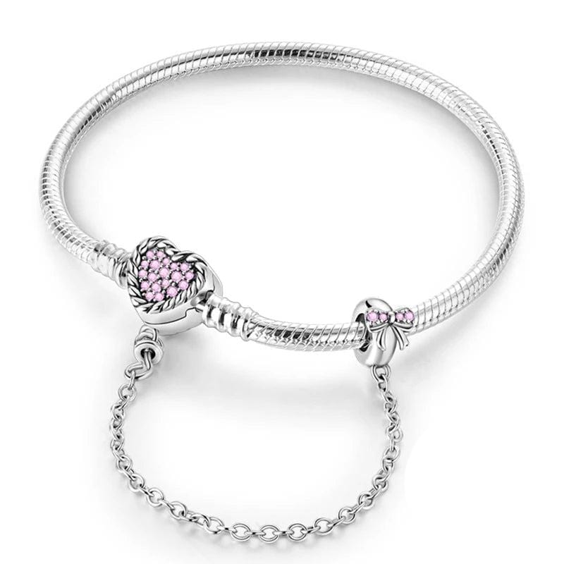 Amarante Jewelry Pink Crystal Heart Charm Bracelet with Bow and Safety Chain
