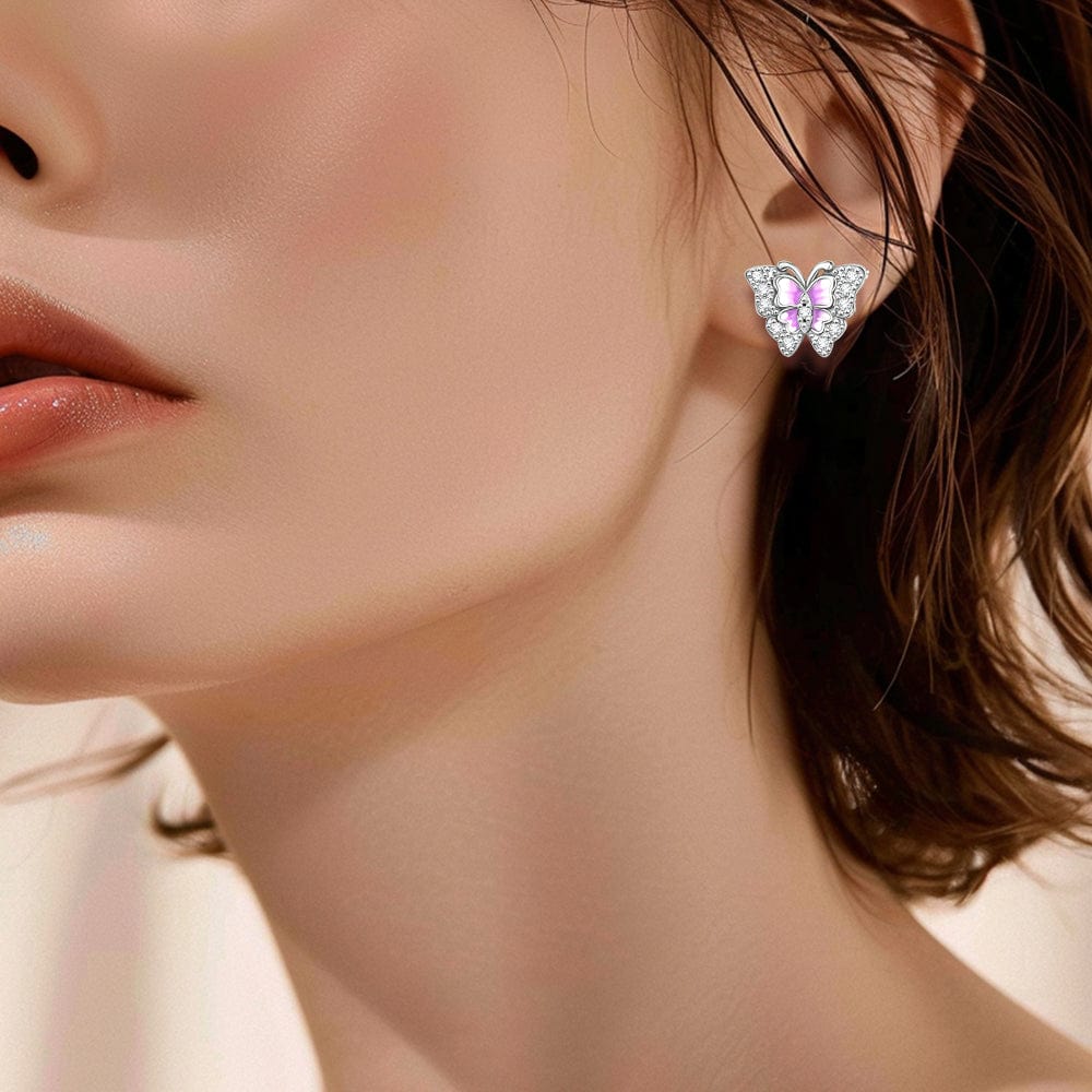Amarante Jewelry Pink Enamel Butterfly Stud Earrings with Crystal Accents