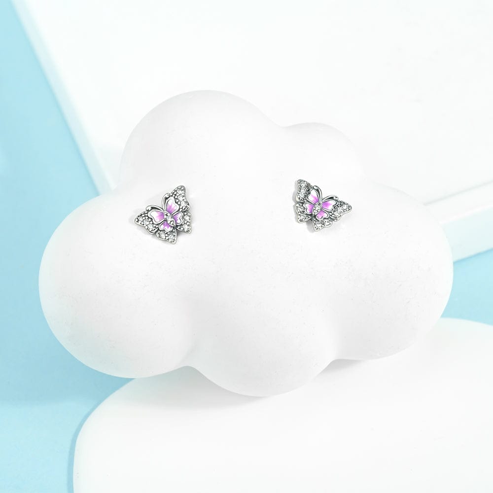 Amarante Jewelry Pink Enamel Butterfly Stud Earrings with Crystal Accents