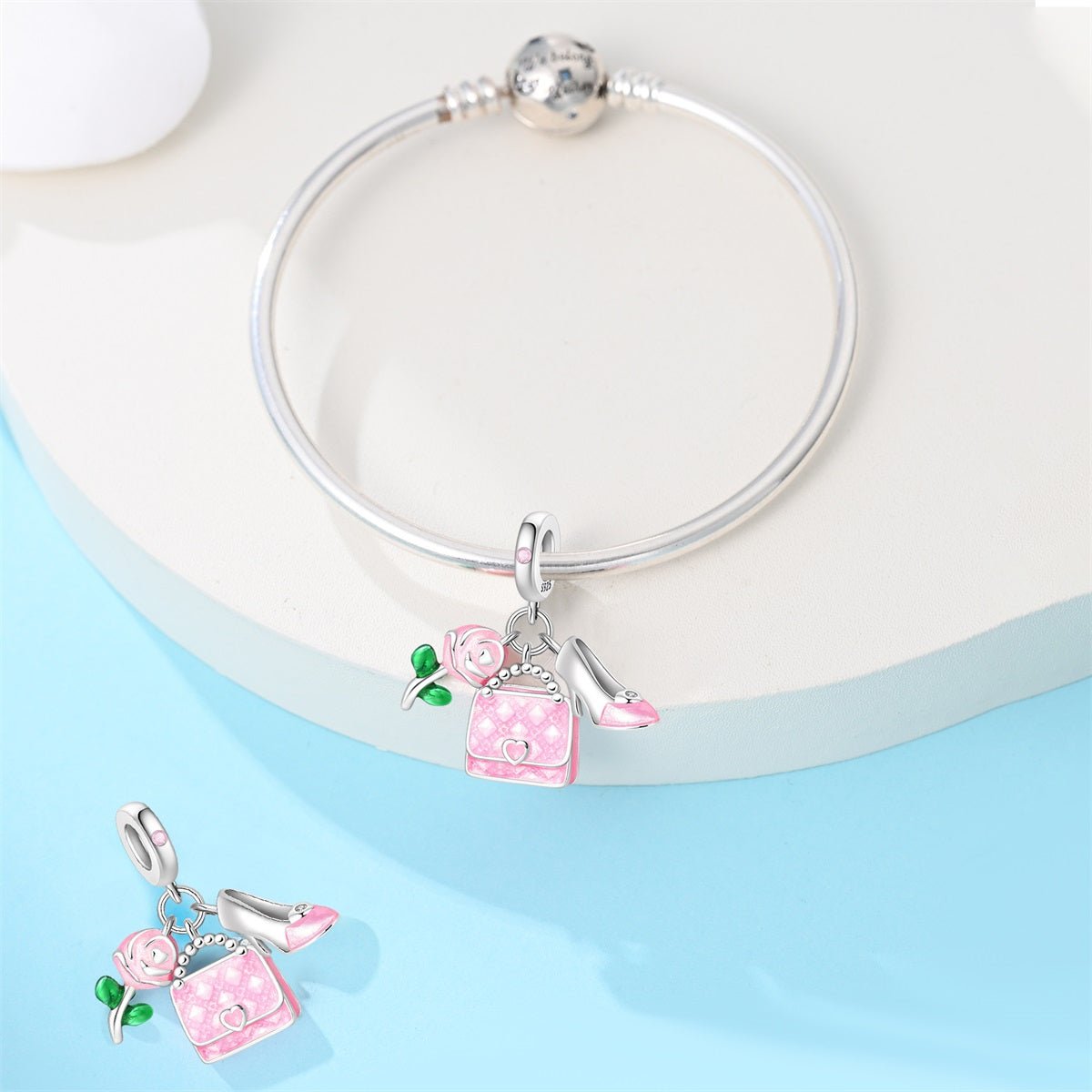 Amarante Jewelry Pink Handbag, Rose, & High Heel Dangle Charm