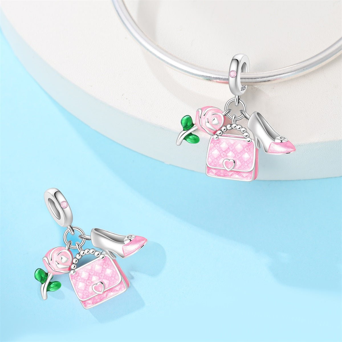 Amarante Jewelry Pink Handbag, Rose, & High Heel Dangle Charm