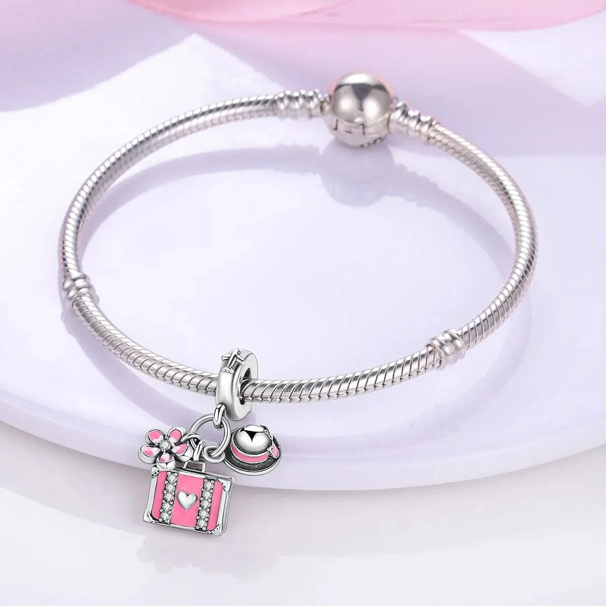 Amarante Jewelry Pink Travel Suitcase with Flower & Sun Hat Dangle Charm