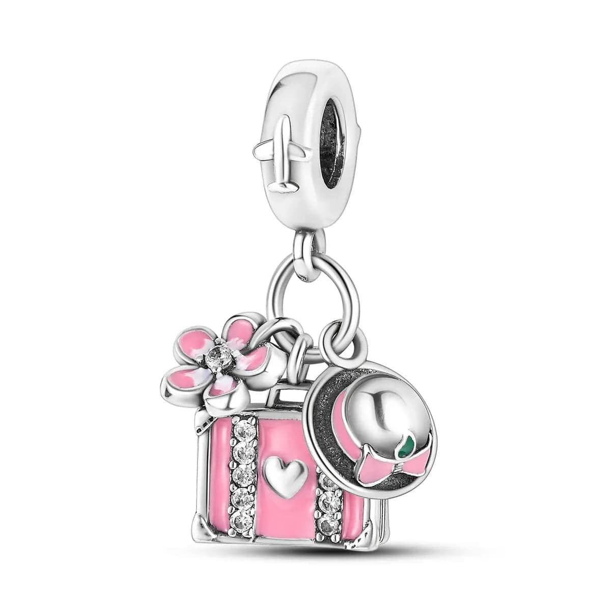 Amarante Jewelry Pink Travel Suitcase with Flower & Sun Hat Dangle Charm