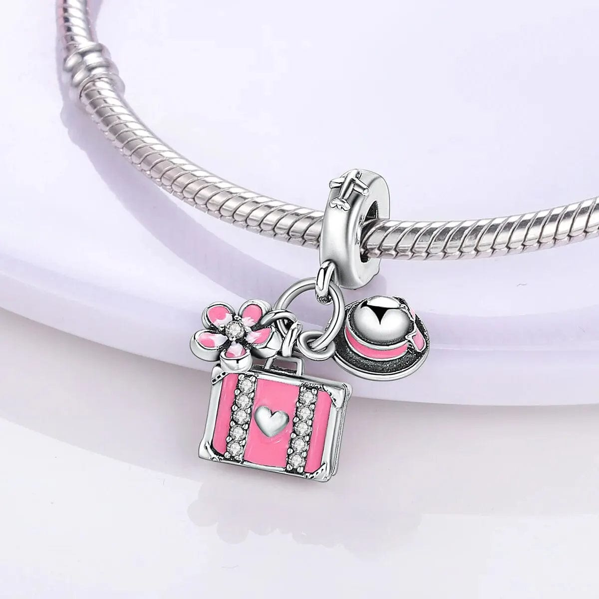 Amarante Jewelry Pink Travel Suitcase with Flower & Sun Hat Dangle Charm