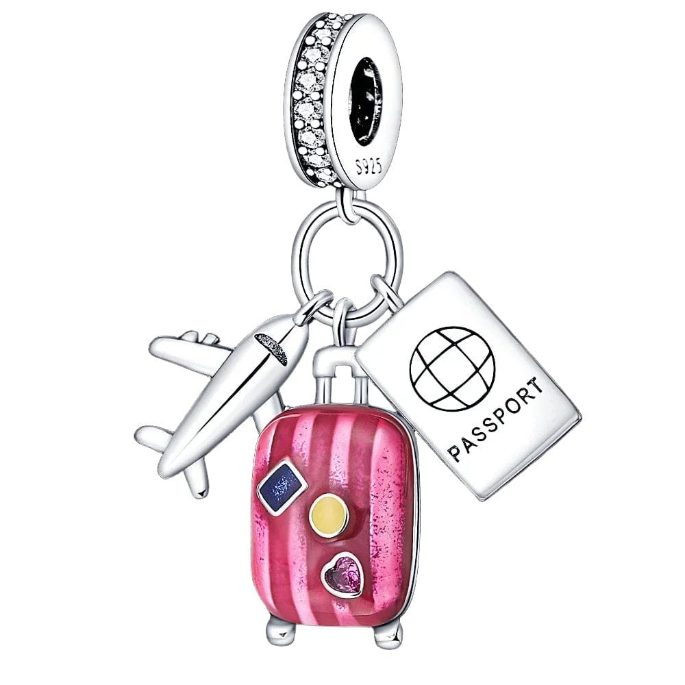 Amarante Jewelry Plane, Passport and Pink Suitcase Triple Dangle Charm
