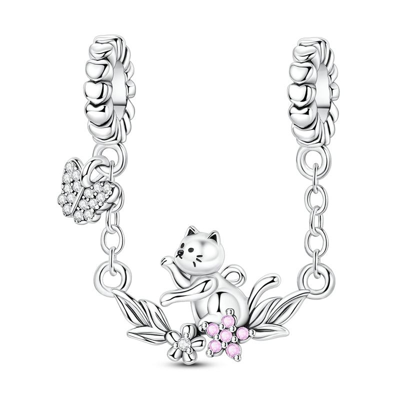 Amarante Jewelry Playful Cat with Butterfly Safety Chain Charm