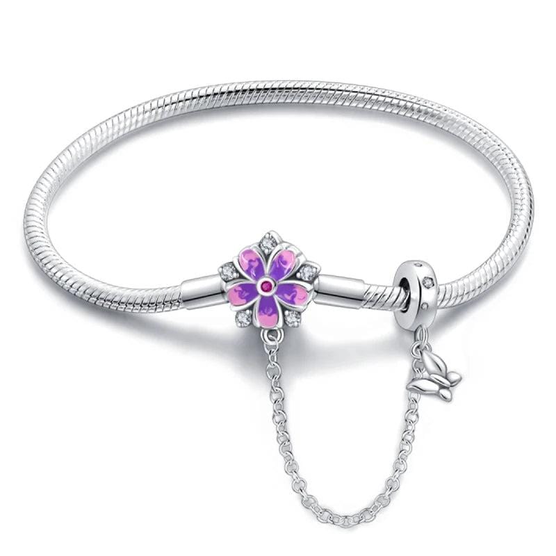Amarante Jewelry Purple Flower Charm Bracelet with Butterfly Dangle and Safety Chain