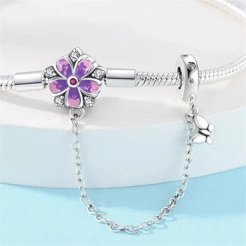 Amarante Jewelry Purple Flower Charm Bracelet with Butterfly Dangle and Safety Chain