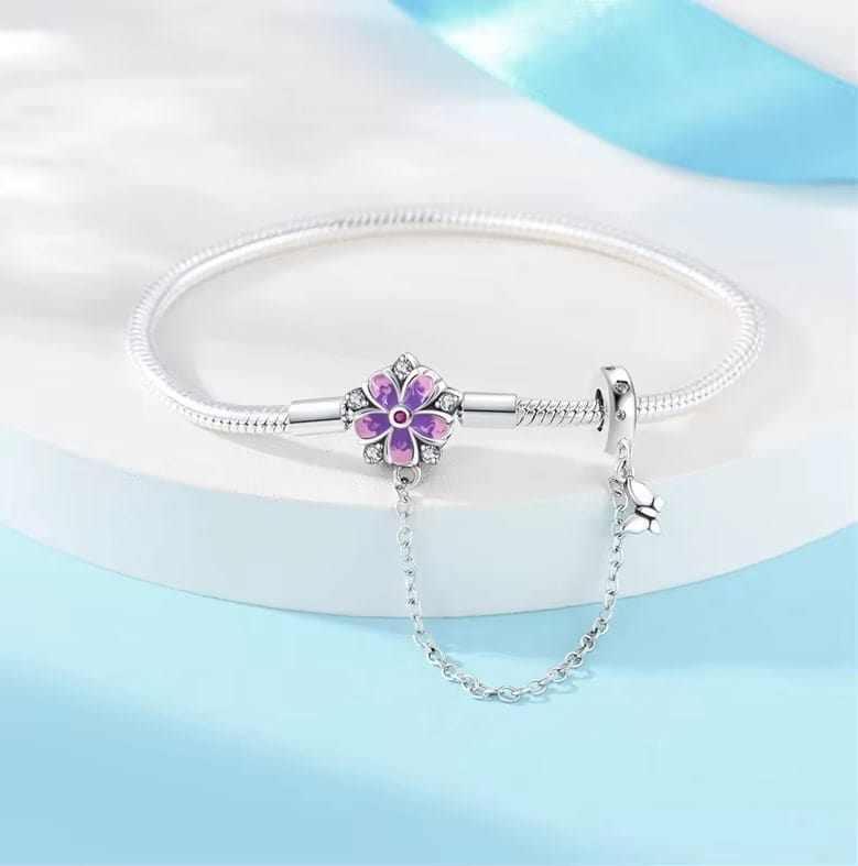 Amarante Jewelry Purple Flower Charm Bracelet with Butterfly Dangle and Safety Chain