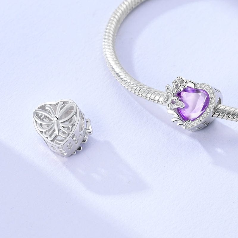 Amarante Jewelry Purple Heart with Butterfly & Crystal Accents Charm