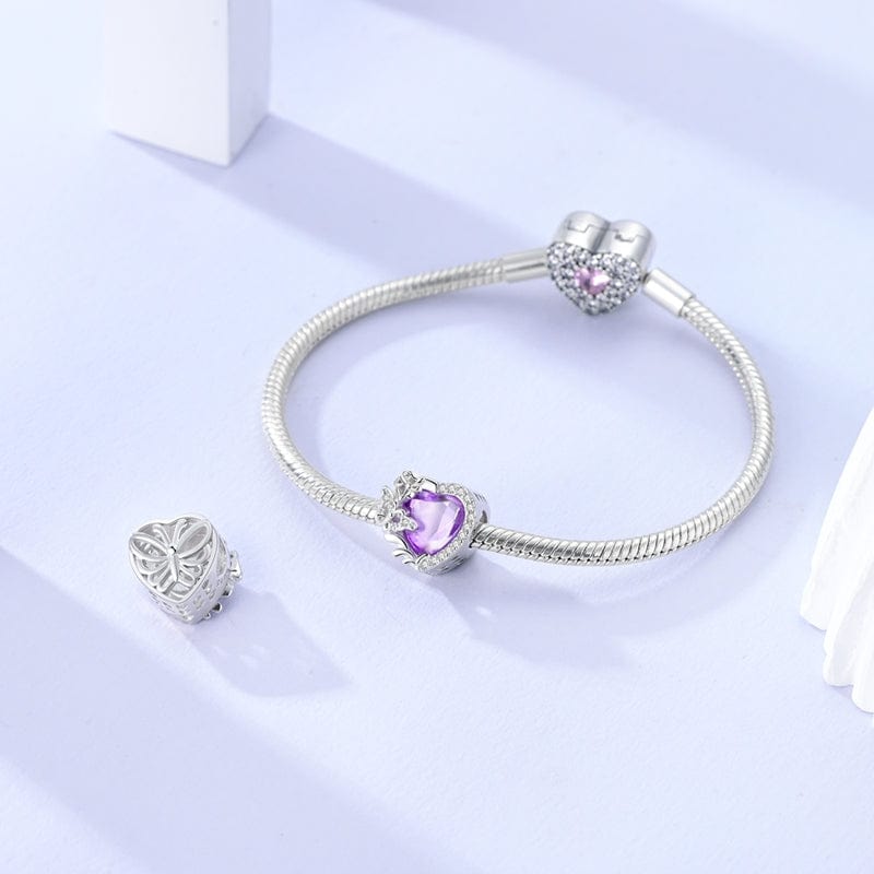 Amarante Jewelry Purple Heart with Butterfly & Crystal Accents Charm