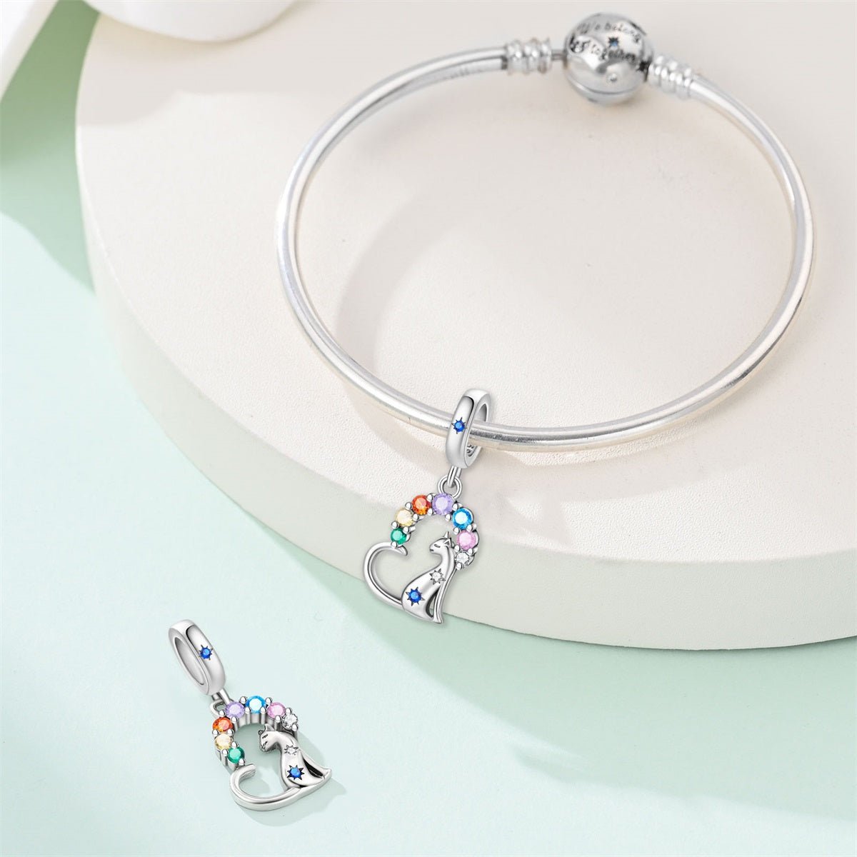 Amarante Jewelry Rainbow Gems & Sitting Cat Dangle Charm