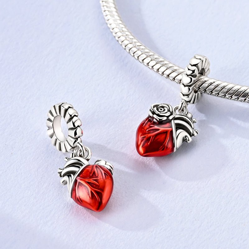 Amarante Jewelry Red Anatomical Heart with Rose Dangle Charm