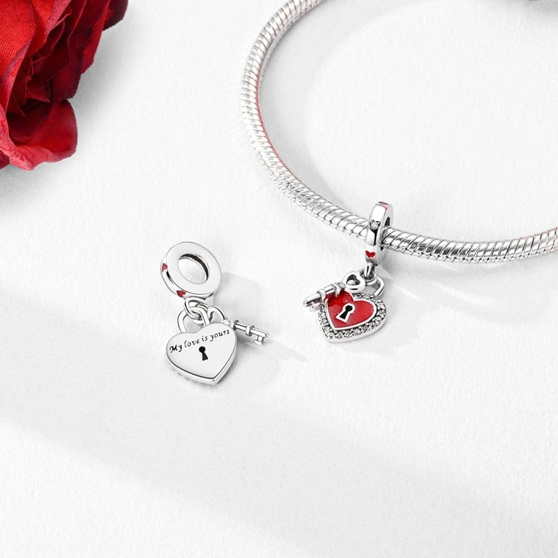 Amarante Jewelry Red Heart Lock and Key Dangle Charm