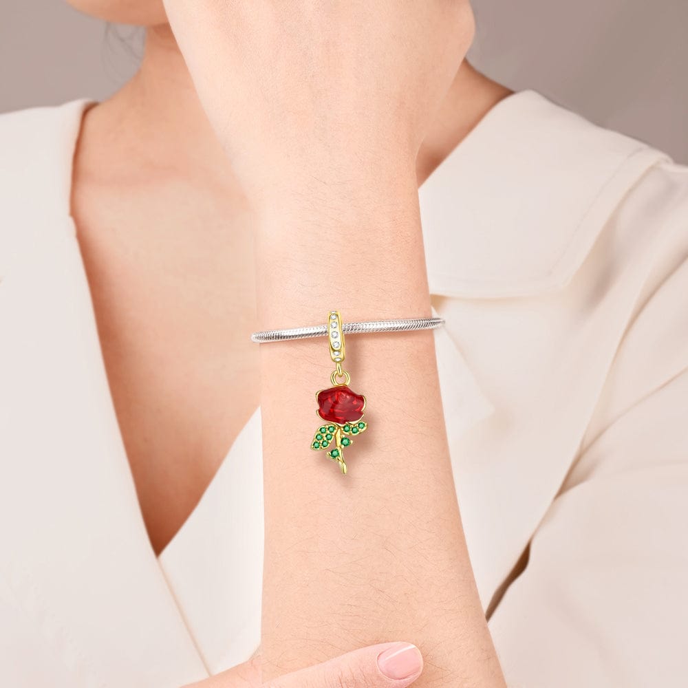 Amarante Jewelry Red Rose Charm with Green Crystal Leaves