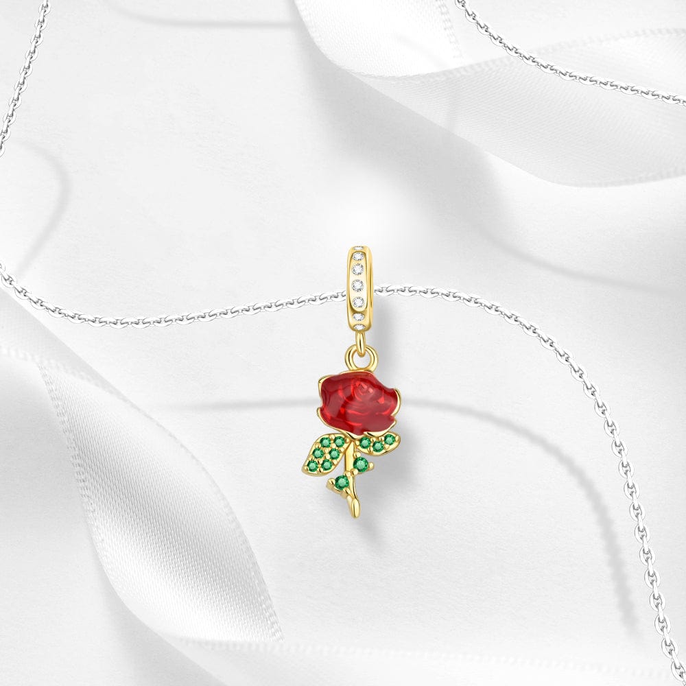 Amarante Jewelry Red Rose Charm with Green Crystal Leaves