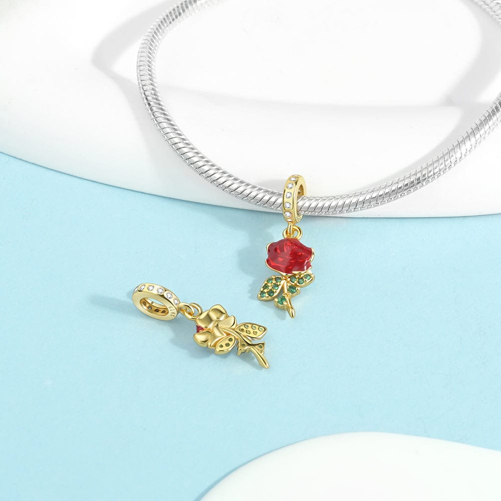 Amarante Jewelry Red Rose Charm with Green Crystal Leaves