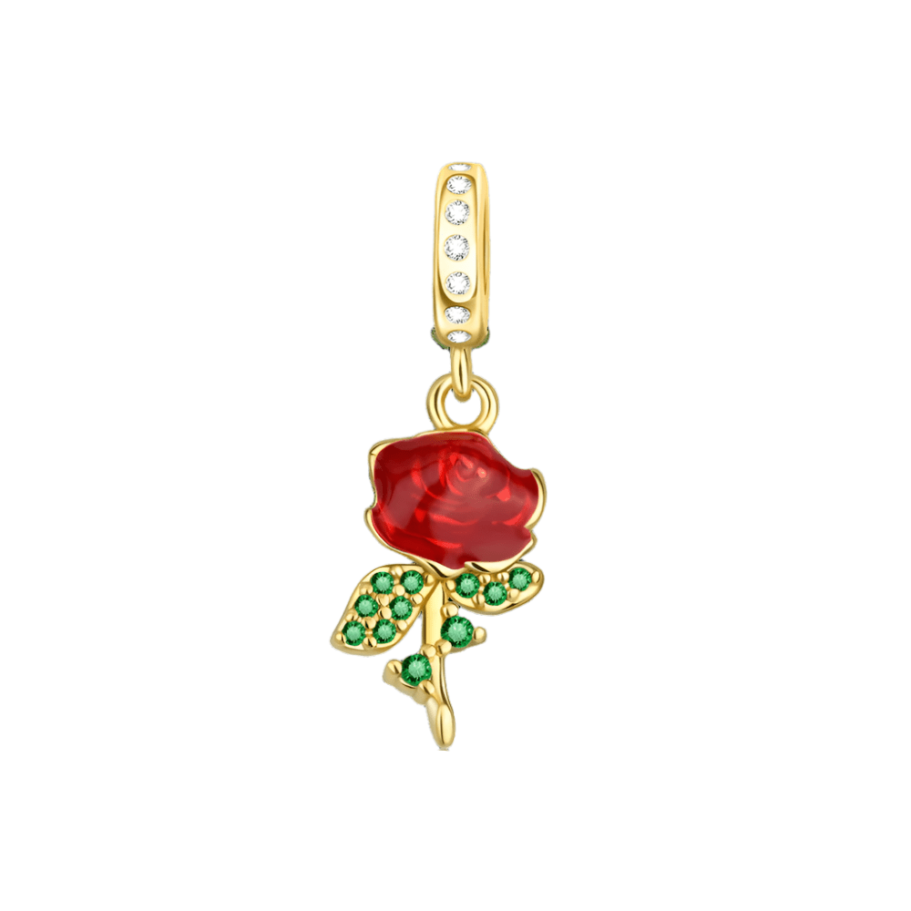 Amarante Jewelry Red Rose Charm with Green Crystal Leaves
