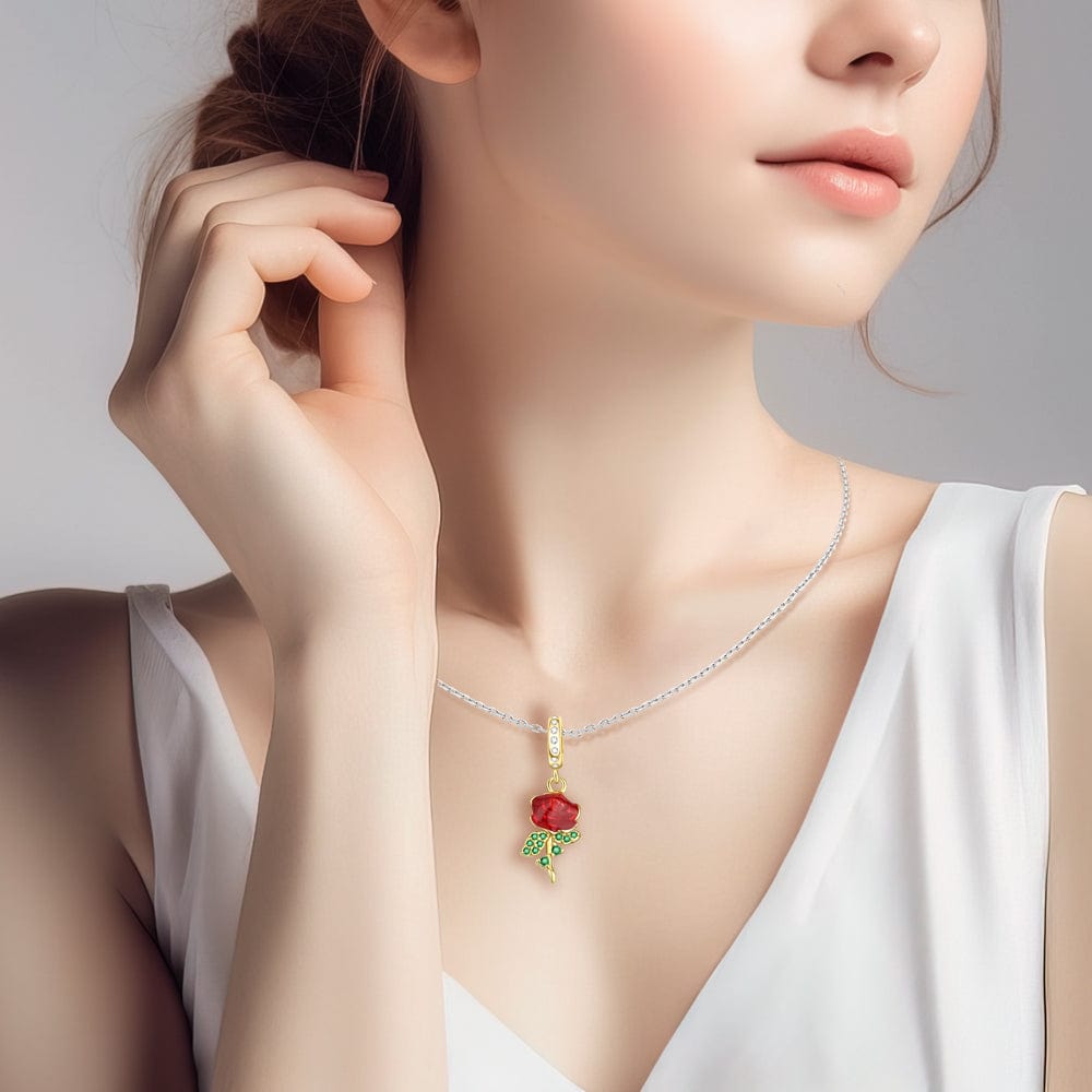 Amarante Jewelry Red Rose Charm with Green Crystal Leaves