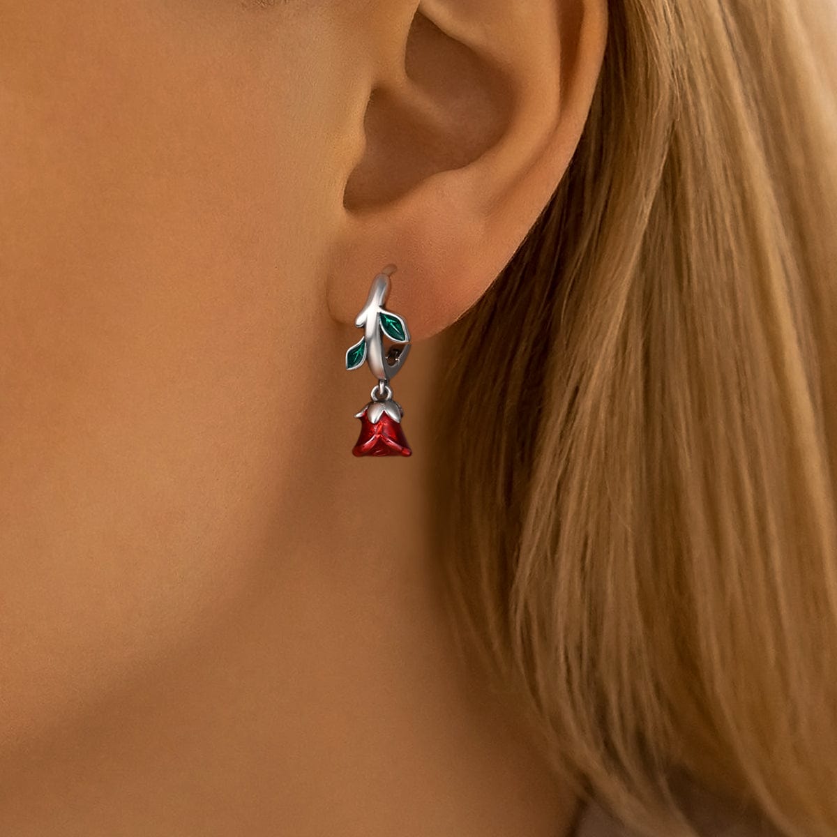 Amarante Jewelry Romantic Red Rose Drop Earrings with Enamel Leaves
