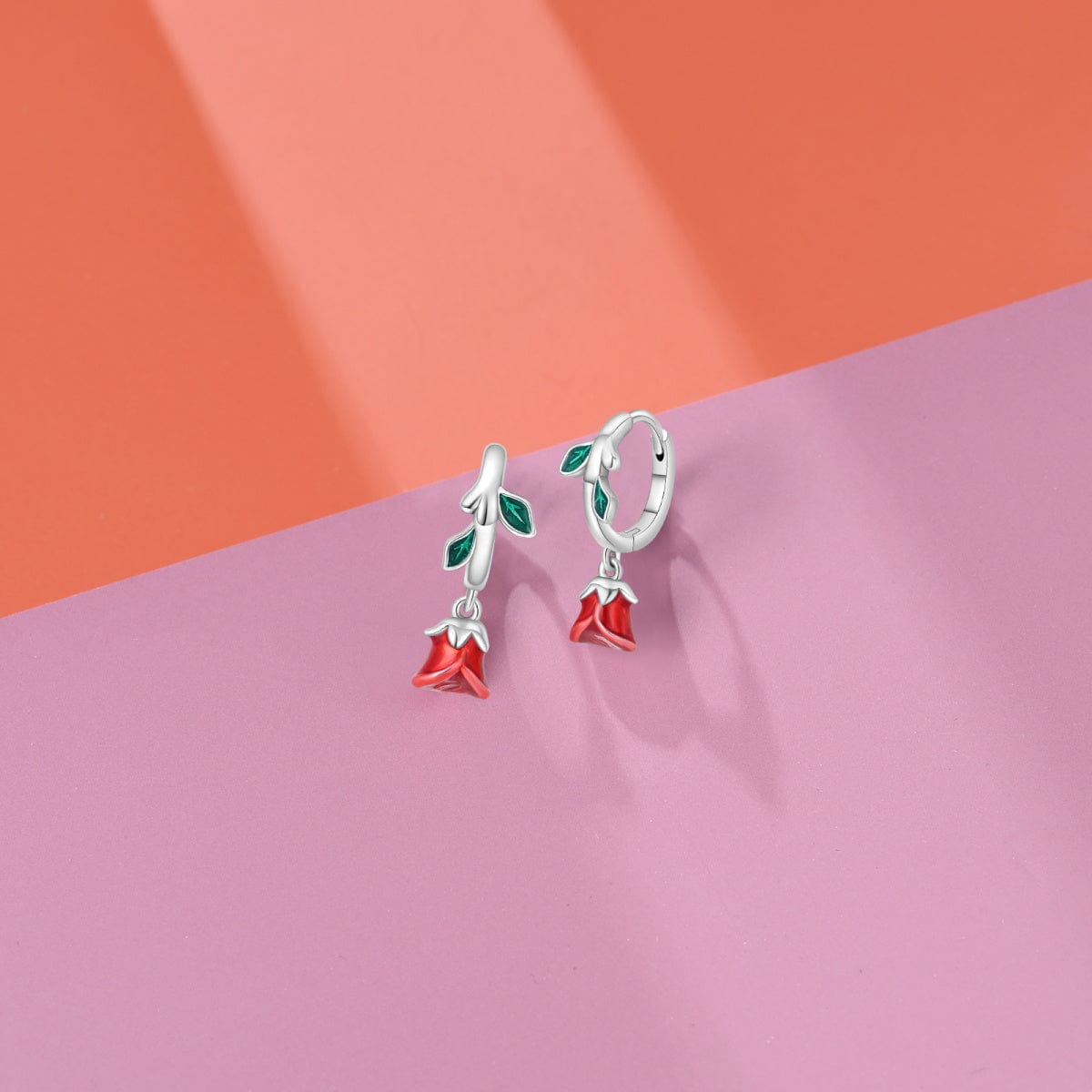 Amarante Jewelry Romantic Red Rose Drop Earrings with Enamel Leaves